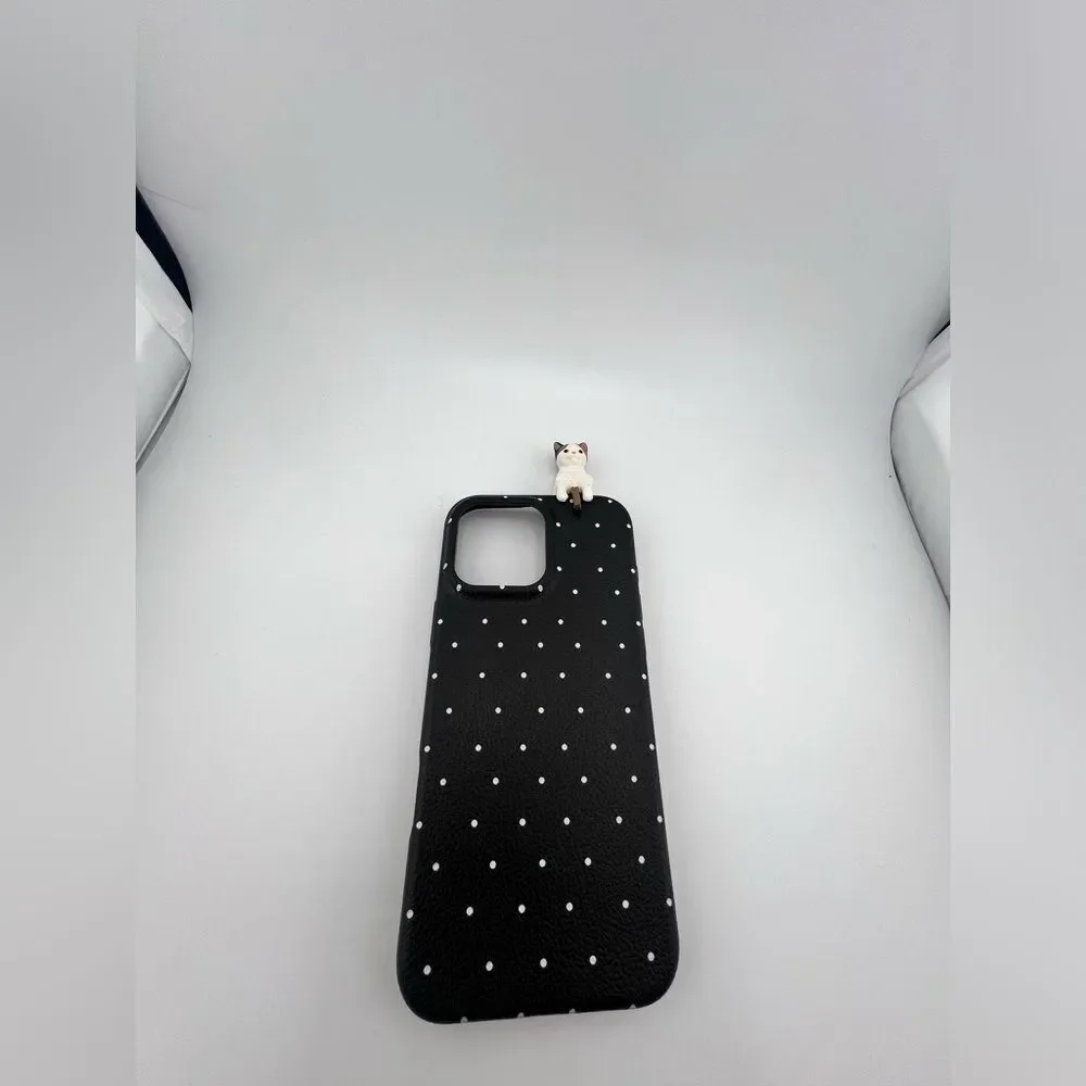 iPhone 16 Pro Max Case – Polka Dot Black with 3D Cat | Cute & Protective
